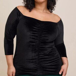 torrid  Plus Size Stretch Velvet Shirred Front Off The Shoulder Top  DEEP BLACK